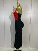 Red and black bandage midi dress, side view