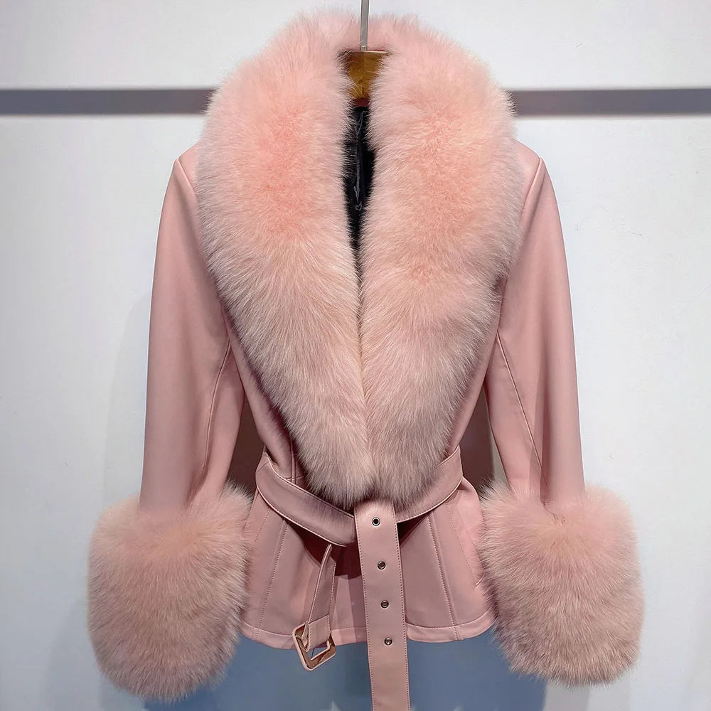 GIACCA IN VERA PELLE CON PELLICCIA DI VOLPE IN ROSA
