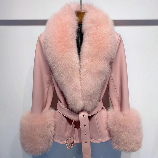 GIACCA IN VERA PELLE CON PELLICCIA DI VOLPE IN ROSA
