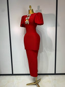 Red bandage dress three-quarter view