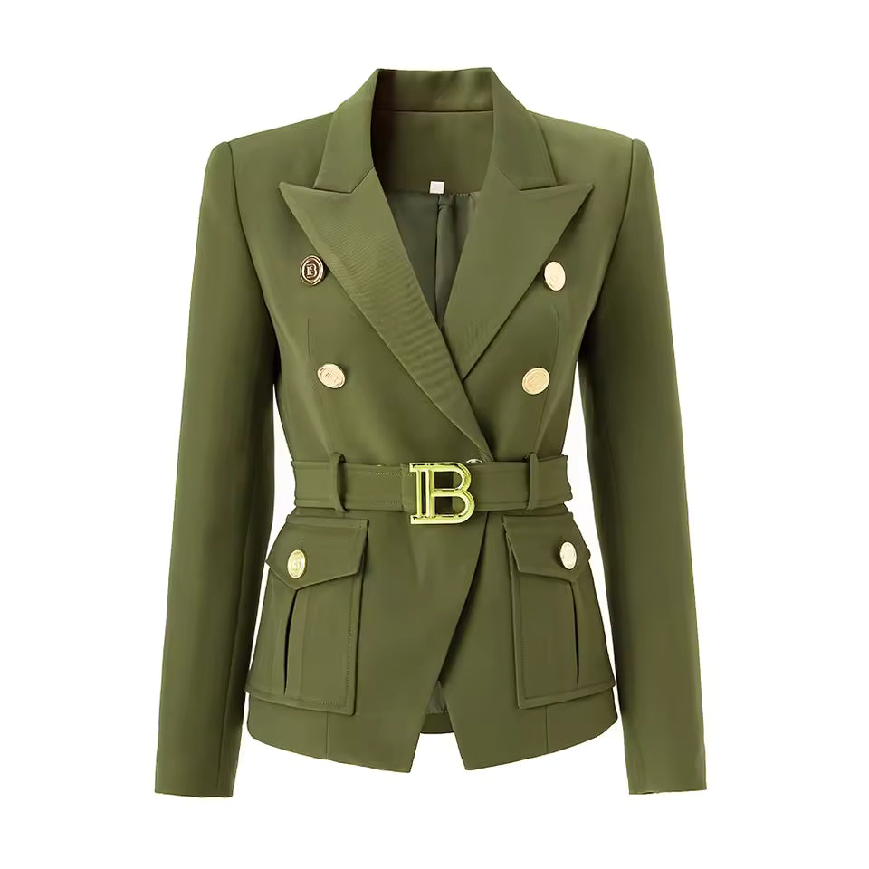 Army Green Belted Blazer with Pockets