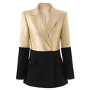 Gold & Black PU Patchwork Double-Breasted Slim Fit Blazer