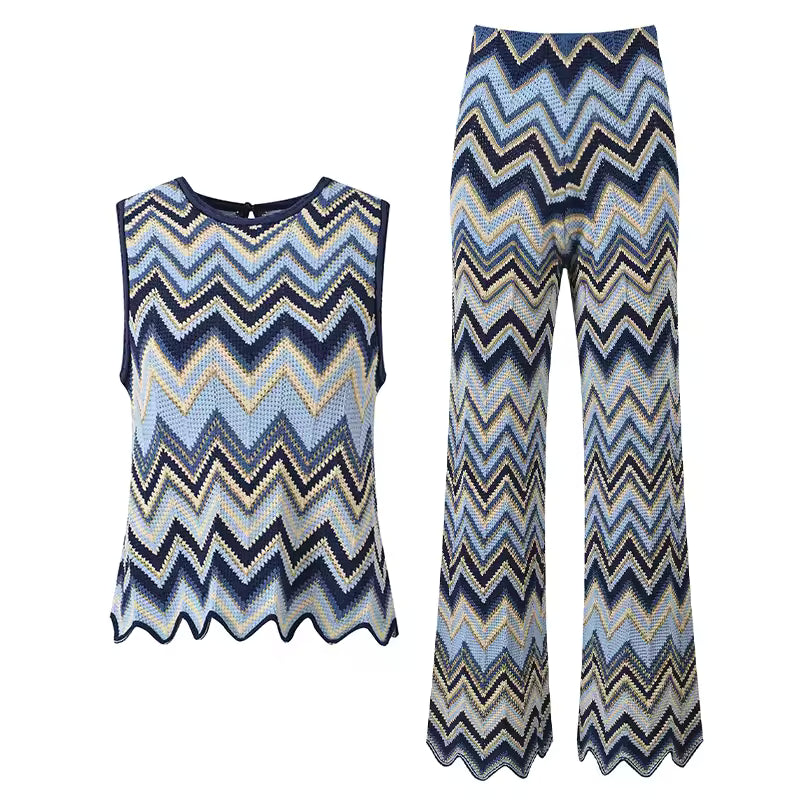 Wavy Knit O-Neck Sleeveless Top and Flare Pants Set