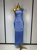 Periwinkle blue one-shoulder draped fringe midi dress