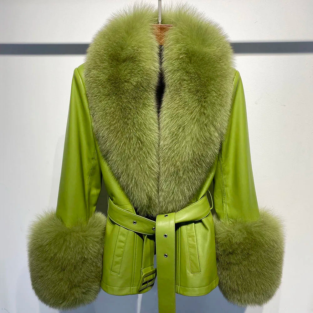 GIACCA IN VERA PELLE CON PELLICCIA DI VOLPE VERDE LIME