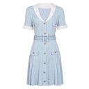 Sky blue rib-knit belted mini dress with white collar