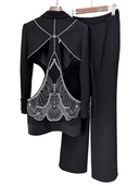 Beaded Diamond Hollow Out Single Button Jacket Pants Set