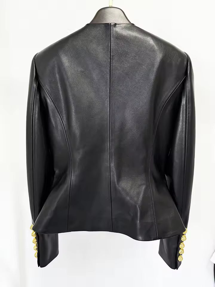 PU O-Neck Single-Breasted Slim Jacket