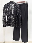 Black Sequin Lace Blazer & Wide-Leg Trouser Set