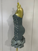 Grey Crystal Ruffle Mini Bandage Dress
