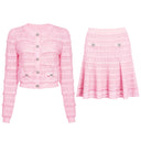 Pink crochet-knit cardigan and flared skirt set
