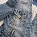 Slim Fit Belted Patchwork Denim V-Neck Coat with Pockets