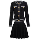 Striped Knit Single-Breasted Vest and Pleated Mini Skirt Set