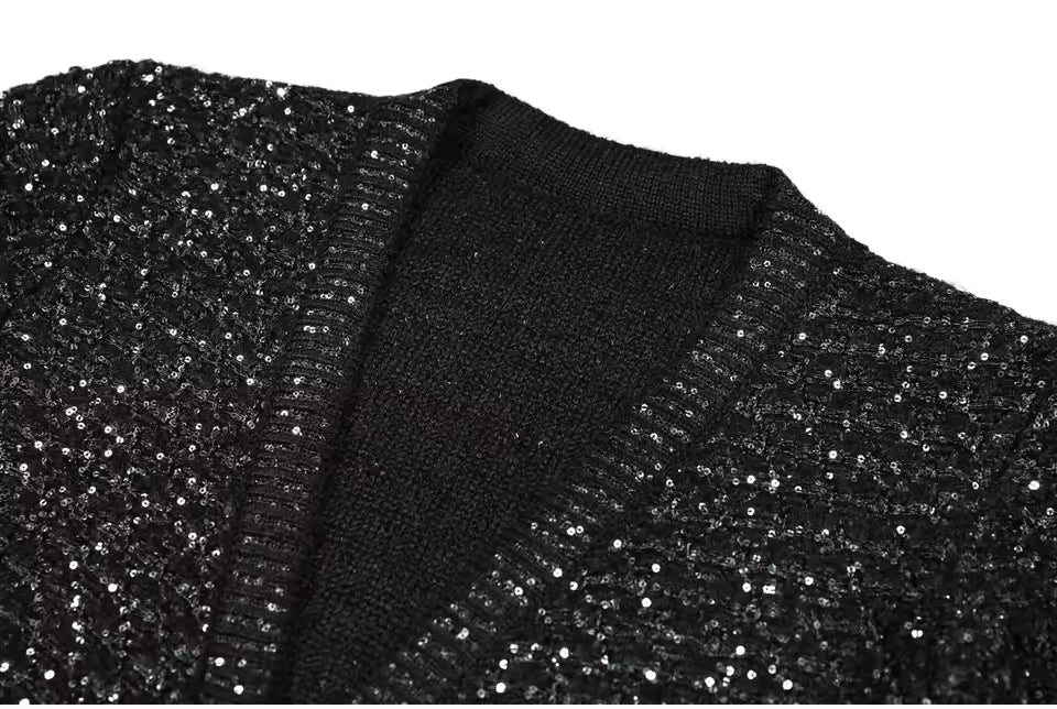 Sequined V-Neck Belted Knit Cardigan