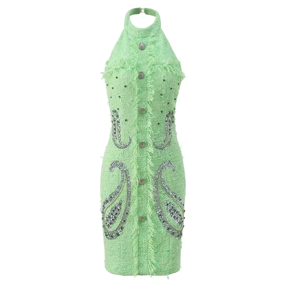 Rhinestone Beaded Halter Mini Dress