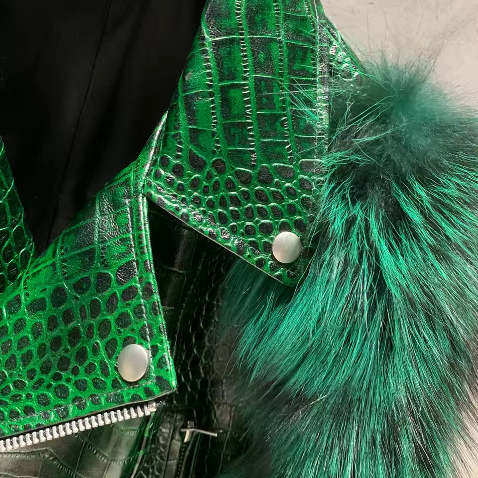 Leather Biker Jacket with Fox Fur Sleeves