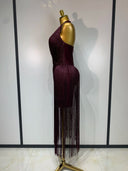 Plum fringe dress with wrap-draped bodice