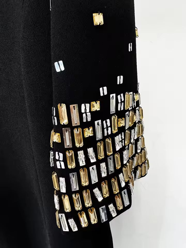 Rhinestone Beaded O-Neck Half Sleeve Knit Midi Dress