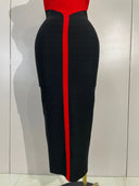Red and black color-block bodycon midi dress