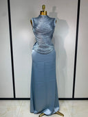 Sky blue metallic fringe top and satin maxi skirt set