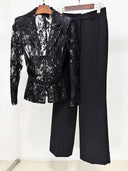 Black Sequin Lace Blazer & Wide-Leg Trouser Set