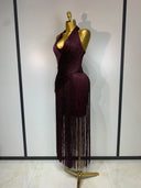 Plum fringe halter dress side view
