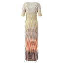 Elegant V-Neck Color Gradient Short Sleeve Wavy Knit Long Dress
