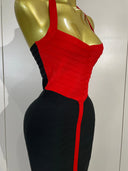 Red and black halter bandage midi dress, fabric detail