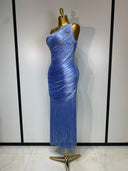 Periwinkle one-shoulder fringe dress three-quarter view