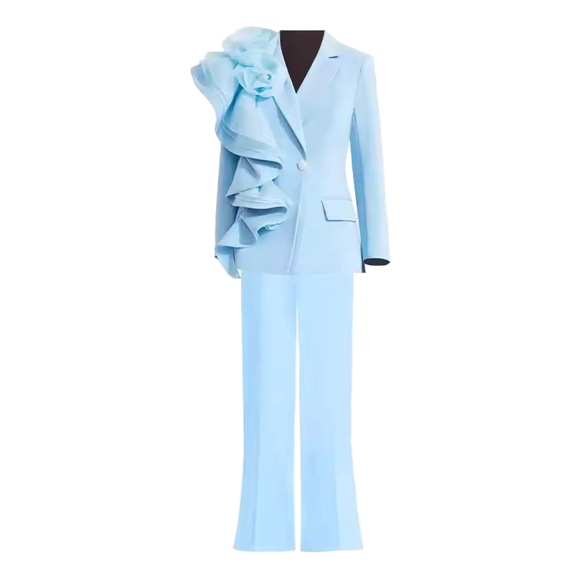 Slim Fit Appliqué Patchwork Two-Piece Pant Set with Lapel Top
