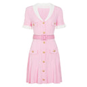 Pink rib-knit belted mini dress with white collar and gold buttons