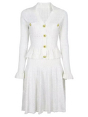 Ruffle Pleated V-Neck Knitted Long Sleeve Dress with Buttons