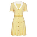 Butter yellow rib-knit belted mini dress with white collar