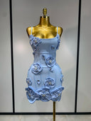 Sky blue bandage mini dress with 3D crystal flowers
