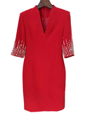 Rhinestone Beaded V-Neck Half Sleeve Knit Midi Dress