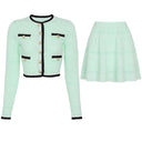 Mint green knit cardigan and A-line mini skirt set