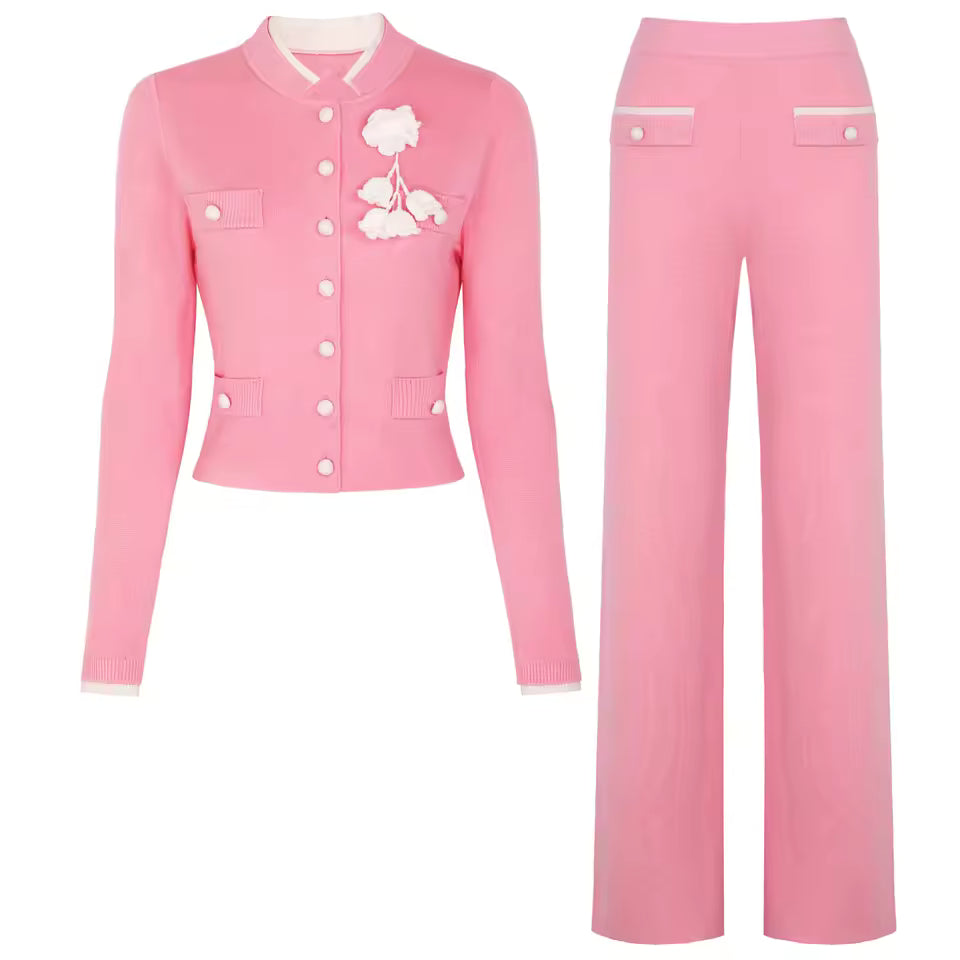 Flower Accent Knit Vest & Solid Pants Two-Piece Set