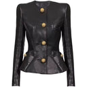 PU O-Neck Single-Breasted Slim Jacket