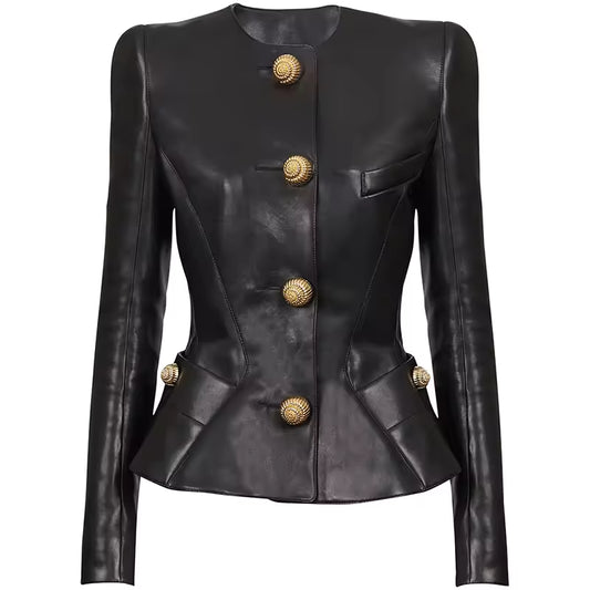 PU O-Neck Single-Breasted Slim Jacket