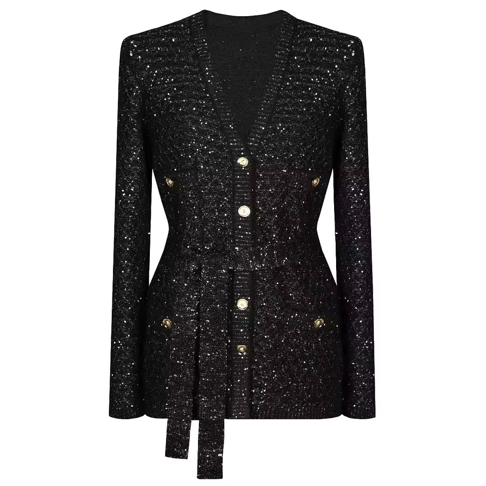 Sequined V-Neck Belted Knit Cardigan