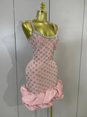 Pink Crystal Ruffle Mini Bandage Dress