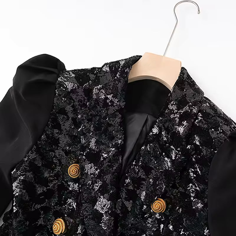 Vintage Puff Sleeve Sequin Double-Breasted Notched Blazer