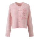 Solid Rose Accent O-Neck Long Sleeve Knit Cardigan