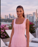 Baby Pink Crochet-Knit Fit & Flare Mini Dress with Crystal Studs