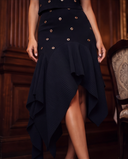 Black Knit Top & Ruffle Midi Skirt Set with Gold Crystal Rings