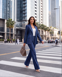 Indigo Denim-Look Blazer & Flared Trousers Set with Gold Buttons