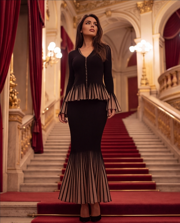 Black Rib-Knit Peplum Cardigan & Pleated Maxi Skirt Set with Jewel Buttons