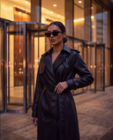 Black Faux Leather Belted Trench Coat
