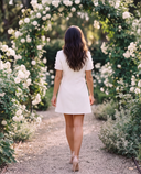 Ivory 3D Floral Appliqué Short-Sleeve Mini Dress with Crystal Drops