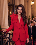 Red 3D Flower Appliqué Blazer & Flared Trousers Set